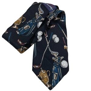 American Gallery Silk Tie Navy Blue Golf Clubs Caddie Bag Golf Balls Made in USA